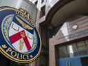 The Toronto Police Service emblem is pictured during a press conference at the TPS headquarters in Toronto on May 17, 2022.