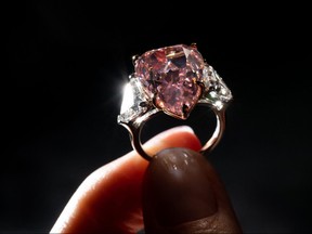 This file photo taken on Sept. 23, 2022 in Geneva shows the Fortune Pink, an exceptionally rare giant gemstone.