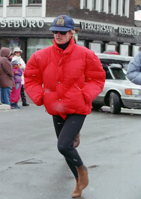 Princess Di stunning in the famous red puffer jacket – Graham Photo Library/Getty Images