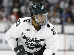 Michigan State's Jagger Joshua plays during an NCAA hockey game on Friday, Oct. 7, 2022, in East Lansing, Mich.