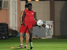 Canada's Alphonso Davies during training at the Umm Salal SC on Nov. 21, 2022.