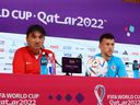 Croatia coaches Zlatko Dalic and Ivan Perisic during a press conference at the Qatar National Convention Center in Doha, Qatar, November 26, 2022. 