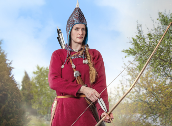 Viking Shield Maiden Kneeling with Shield Above Head, Viking