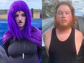 Girl wearing what appears to be a black one-piece swimsuit, purple cape and purple wig, man with red hair and beard wearing black tank top, both in handcuffs.