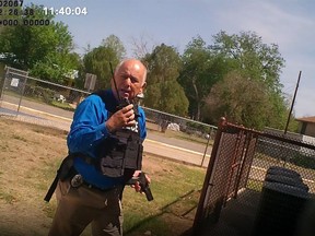 This image from video released by the City of Uvalde, Texas shows city police Lt. Mariano Pargas responding to a shooting at Robb Elementary School, on May 24, 2022 in Uvalde, Texas.