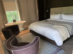 You’ve got to love a room, in this case the Royal Gala suite, at The Royal, in Picton, Ont., that has a soaker tub in the bedroom. JANE STEVENSON/TORONTO SUN
