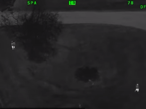 A screengrab from video captured by York Regional Police helicopter of two suspects in a Nov. 12, 2022 break and enter in Aurora.