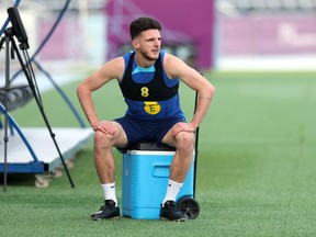 Declan Rice of England looks on during a Training Session at Al Wakrah Stadium.