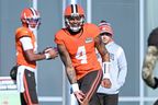 Deshaun Watson of the Cleveland Browns runs a drill during a practice.