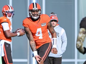 Deshaun Watson of the Cleveland Browns runs a drill during a practice.