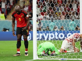 Romelu Lukaku of Belgium reacts after a missed chance during the FIFA World Cup Qatar 2022 Group F match between Croatia and Belgium.