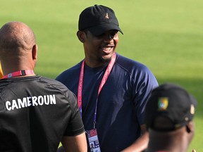 Cameroon's Football Federation president and former player Samuel Eto'o attends a training session.