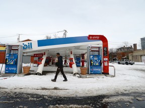 A gas station canopy is collapsed along Niagara Street in downtown Buffalo on Dec. 28, 2022.
