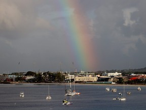 A rainbow develops in the sky over downtown on November 16, 2021 in Bridgetown, Barbados.