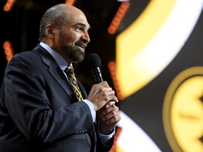 Hall of Famer Franco Harris speaks during round one of the 2022 NFL Draft on April 28, 2022 in Las Vegas, Nevada.