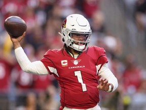 Quarterback Kyler Murray of the Arizona Cardinals throws a pass during the fourth quarter of the NFL game against the Los Angeles Chargers at State Farm Stadium on November 27, 2022 in Glendale, Arizona.