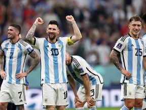 Lionel Messi of Argentina celebrates the team's 3-0 victory in the FIFA World Cup Qatar 2022 semi final match between France and Morocco at Al Bayt Stadium on December 14, 2022 in Al Khor, Qatar.