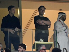 Jared Kushner, far left, and Elon Musk look on during the FIFA World Cup Qatar 2022 Final match between Argentina and France at Lusail Stadium on December 18, 2022 in Lusail City, Qatar.