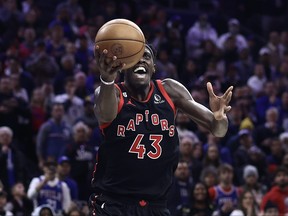 Pascal Siakam of the Toronto Raptors drives to the basket during the fourth quarter against the Philadelphia 76ers at Wells Fargo Center on December 19, 2022 in Philadelphia, Pennsylvania.