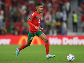 Azzedine Ounahi of Morocco dribbles the ball during the FIFA World Cup.