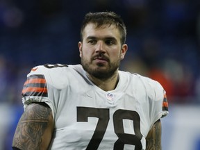 Cleveland Browns offensive tackle Jack Conklin (78) following an NFL football game against the Buffalo Bills, Sunday, Nov. 20, 2022, in Detroit.