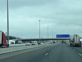 Hwy. 401 eastbound approaching Trafalgar Rd. and Hwy. 407 exits.