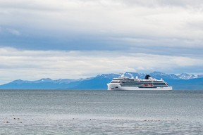 Viking Polaris ship of Norwegian flag, is seen anchored in waters of the Atlantic Ocean in Ushuaia, southern Argentina, on Dec. 1, 2022.
