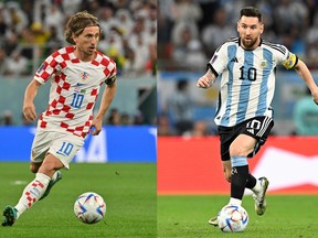 This combination picture made on December 11, 2022 during the Qatar 2022 World Cup football tournament shows Croatia's midfielder Luka Modric (L) in Doha on December 9, 2022 and Argentina's forward Lionel Messi in Doha on December 3, 2022. - Argentina will play Croatia in the Qatar 2022 World Cup football semi-final match in Doha on December 13, 2022. (Photo by Nelson ALMEIDA and Alfredo ESTRELLA / AFP) (Photo by NELSON ALMEIDA,ALFREDO ESTRELLA/AFP via Getty Images)