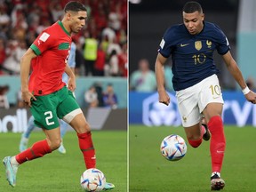 This combination picture created on December 12, 2022 during the Qatar 2022 World Cup football tournament shows Morocco's defender #02 Achraf Hakimi (L) on December 6, 2022 and France's forward #10 Kylian Mbappe, in Doha on November 26, 2022.