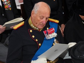 A photo taken on September 19, 2022 shows Norway's King Harald V as he attends the State Funeral Service for Queen Elizabeth II, at Westminster Abbey in London.