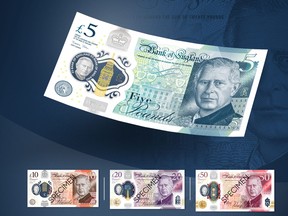 A handout photograph released by the Bank of England in London on Dec. 19, 2022 shows the design of the new five, 10, 20 and 50 pound polymer banknotes featuring a portrait of Britain's King Charles III, that are expected to enter circulation by mid-2024.