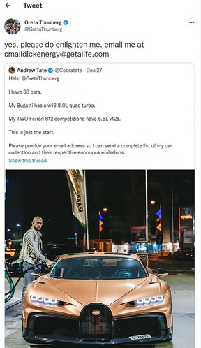 This screenshot from the official Twitter account of Swedish climate activist Greta Thunberg (@GretaThunberg), released on December 30, 2022 shows an exchange of messages on Twitter between Greta Thunberg and American-British former professional kickboxer and controversial online personality Andrew Tate. AFP via Getty Images