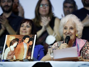Estela de Carlotto, president of the human rights organization Abuelas de Plaza de Mayo smiles as she attends a news conference at the former Naval Mechanics School building in Buenos Aires, Argentina December 22, 2022.