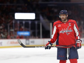 Washington Capitals left wing Alex Ovechkin stands on the ice during a stoppage in play against the Dallas Stars in the first period at Capital One Arena in Washington, D.C., Dec. 15, 2022.