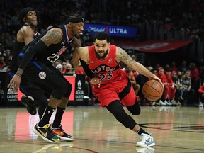 Toronto Raptors guard Fred VanVleet moves to the basket against Los Angeles Clippers forward Robert Covington during the second half at Crypto.com Arena.