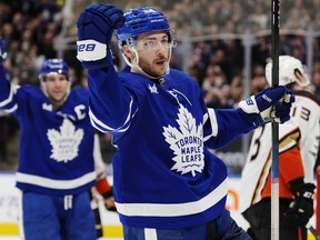 Toronto Maple Leafs' Michael Bunting celebrates his goal against the Anaheim Ducks during second period NHL hockey action in Toronto on Tuesday, December 13, 2022.