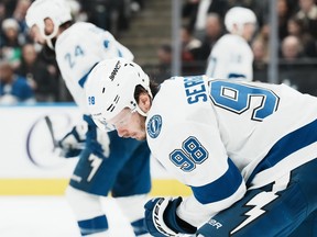 Tampa Bay Lightning’s Mikhail Sergachev reacts during his team’s loss to the Toronto Maple Leafs in NHL hockey action in Toronto, on Tuesday, December 20, 2022.