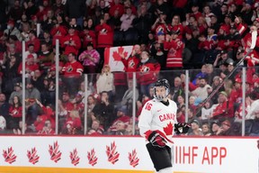 Canada’s Connor Bedard celebrates his second goal of the game in the second period of IIHF World Junior Hockey Championship action against Austria in Halifax on Thursday, December 29, 2022.