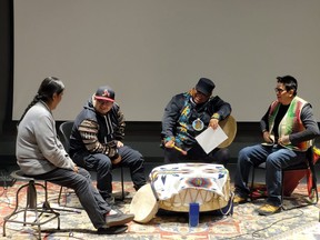 Indigenous drummers take part in a “Cultural Learning Circle” at artsPlace in Canmore, Alta.