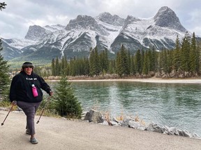 Ruth Demirdjian Duench takes part in Nordic Walking near the Bow River in Canmore, Alta.