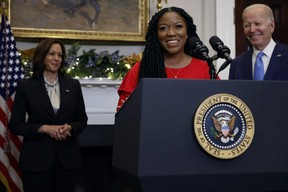 Cherelle Griner (centre), wife of Olympian and WNBA player Brittney Griner, speaks after U.S. President Joe Biden announced her release from Russian custody, with Vice President Kamala Harris, in the Roosevelt Room at the White House in Washington, D.C., Thursday, on Dec. 8, 2022.