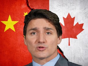 China and Canada conflict. Country flags on broken wall. Illustration.