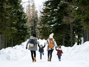 Rear view of family with two small children in winter nature, walking in the snow.