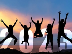 Silhouette happy business teamwork jumping congratulation and celebrate in Happy New year 2023 for change new life future concept