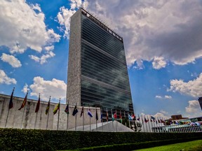 The United Nations building and flags in New York City.