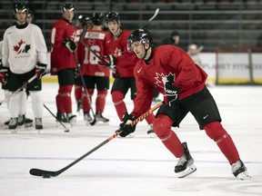 Shane Wright carries the puck during the Canadian World Junior Hockey Championships selection camp in Moncton, N.B., Friday, December 9, 2022.