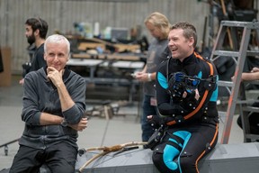 James Cameron and Sam Worthington on the set of Avatar: The Way of Water.