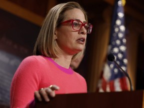 U.S. Sen. Kyrtsen Sinema speaks at a news conference after the Senate passed the Marriage Equality Act at the Capitol Building in Washington, D.C., Nov. 29, 2022.