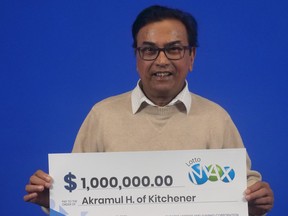 Akramul Haque of Kitchener won a $1 million Maxmillions prize n the Oct. 21 Lotto Max draw.