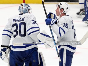 Matt Murray  of the Toronto Maple Leafs celebrates with Mitchell Marner in Dallas last night.